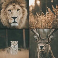 Obraz premium Wild Animal Portraits: Lion, Deer, and Fox in Natural Settings