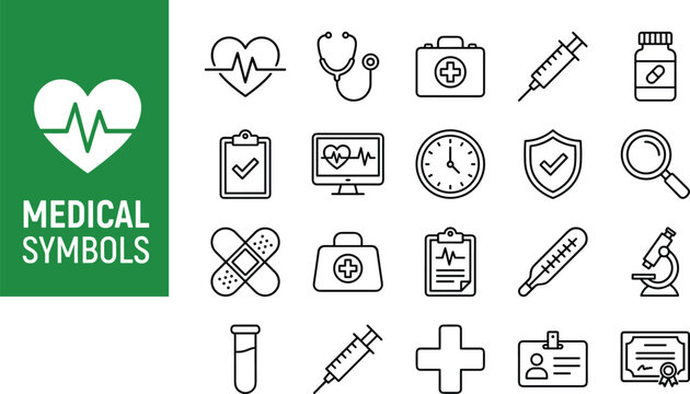 Collection of various medical symbols and icons in line art style