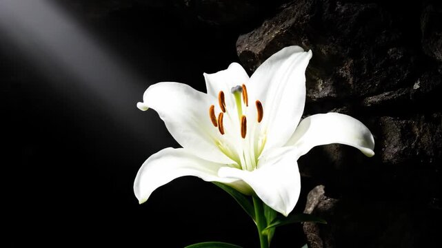 White lily opening in light beam. Botanical growth sequence of flower blooming near rock wall. Nature time lapse of plant development for floral decoration use.