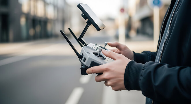 Professional holding DJI drone controller outdoors on urban street for aerial photography setup
