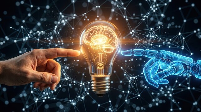 Artificial intelligence and machine learning concept featuring a human hand and a digital robot hand touching a brain-shaped lightbulb.