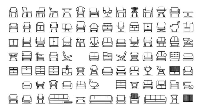 collection of minimalist furniture icons and architectural symbols for interior design floor plans perfect for professional cad blueprint layouts.