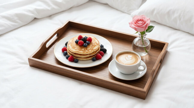 Breakfast in bed tray with pancakes, coffee, and a pink rose on a white duvet. A romantic and cozy surprise for Mother's Day or an anniversary.