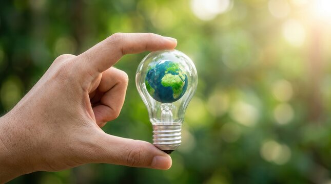Environmental sustainability concept featuring a light bulb containing a green earth globe on a nature background.