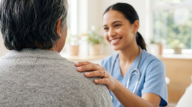 A geriatric nursing caregiver providing comfort and mental health support to an elderly person in a hospital.