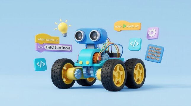 3D rendering of a remotely controlled automation robotic car for beginners programming learning.