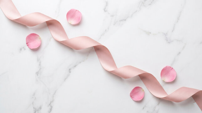 Elegant Carrara white marble background with a pink silk ribbon and petals. A luxurious backdrop for high-end advertising.
