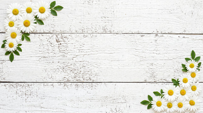 Rustic white wood background with fresh daisies. A charming and natural backdrop for Mother's Day marketing and spring themes.