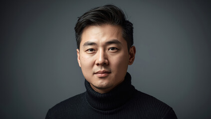 Obraz premium Young man portrait in studio wearing black turtleneck, soft neutral expression