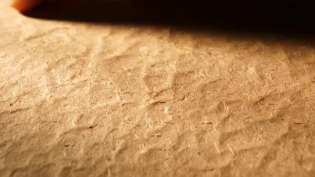 Finger touching brown recycled handmade paper under warm light
