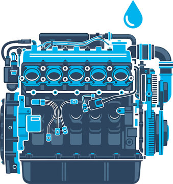 Detailed Internal Combustion Engine Illustration with Oil Drop Icon for Automotive Lubrication and Service Manuals