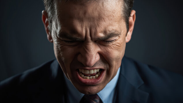 Angry businessman portrait, tense male face, furrowed brow, controlled internalized anger