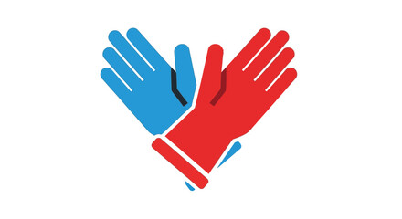Fototapeta premium Two pairs of colorful rubber gloves, one blue, one red, crossed to form a stylized heart shape against a stark white background, symbolizing care and protection.