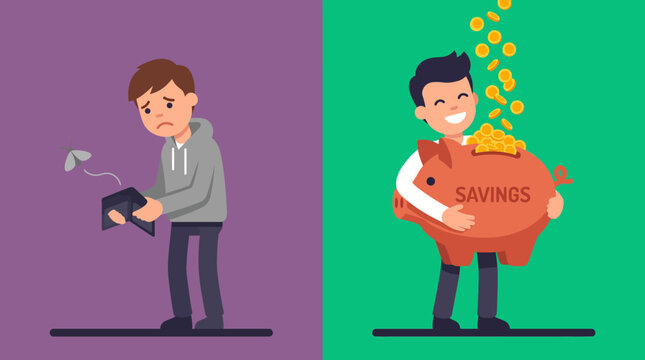 Side by side cartoon showing empty wallet and overflowing piggy bank illustrating financial contrast and emotions.