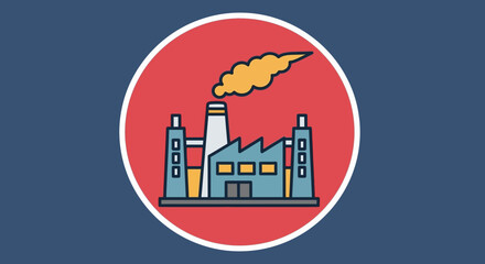 Fototapeta premium Flat design factory icon with chimney emitting orange smoke plume against a red circle on a blue background, symbolizing industry, production, and pollution.