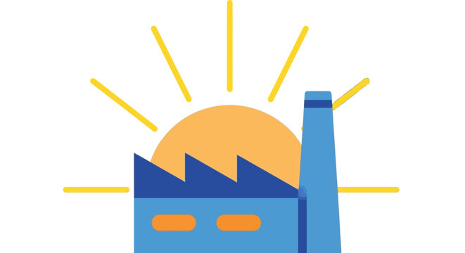 Vibrant flat graphic of a stylized blue factory with a sawtooth roof against a bright orange sun and yellow sunbeams, symbolizing industry and renewable energy.