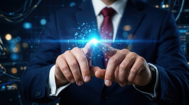 Man pointing at a futuristic digital interface with a bright light.