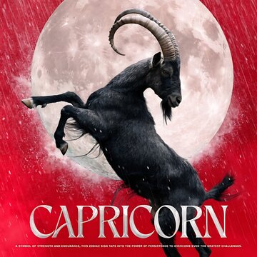 Capricorn zodiac symbol of a black goat with horns against a full moon earth sign red background capricorn astrology horoscope celestial constellation mythology spiritual strength