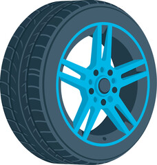 Obraz premium Realistic Car Wheel with Blue Custom Rim and Radial Tire, Automotive Aftermarket Parts and Wheel Alignment Concept Vector Design