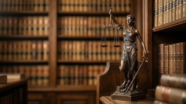 Lady Justice statue representing law and order on a background of library books.