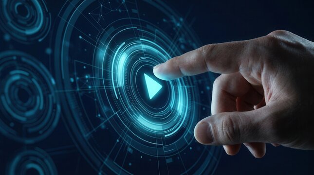 Human hand interacting with a futuristic video play button in a digital network environment.