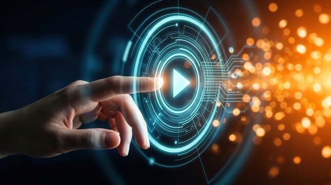 A human hand interacting with a digital video play button in a technology network.