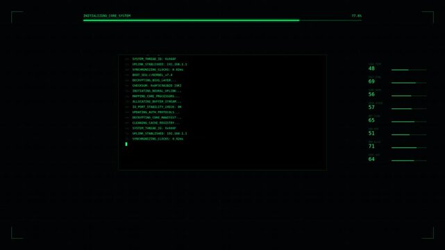 A dark-themed digital interface displaying code lines and system information in a sleek format