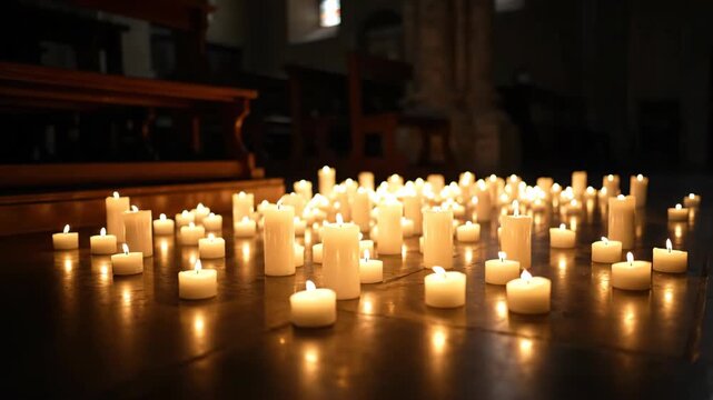 Numerous candles burning on the floor inside a church. Glowing vigil lights arranged for a religious ceremony. Spiritual peace and hope in a quiet sanctuary.