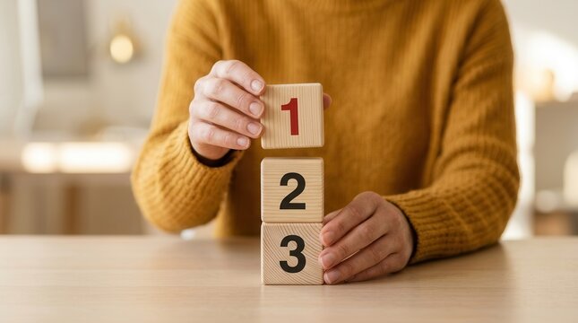 A person setting work priority by stacking wooden cubes numbered 1, 2, and Task priority and management concept featuring numbered wooden cubes in a stack.