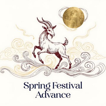 Stylized drawing of a goat with swirling clouds and a golden moon spring festival advance theme line art asian culture white background illustration chinese new year capricorn