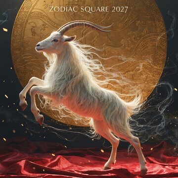Majestic white goat prancing before a golden full moon zodiac symbol of capricorn farm animal domestic animal fire element capricorn astrology wildlife celestial mythology abstract