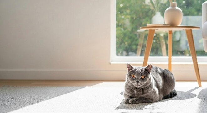 A British Shorthair cat sitting on a rug in a bright, modern living room with sunlight streaming through the window.