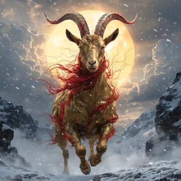 Running goat with red scarf in snowy mountains under a glowing moon winter landscape scene falling snow mountains landscape snowfall wildlife movement resilient atmospheric