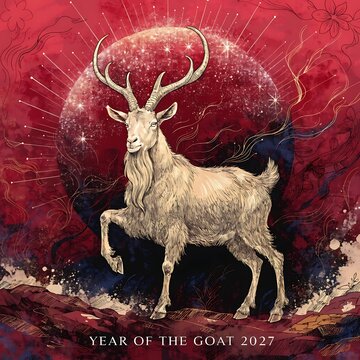 Elegant goat standing with horns against a red splattered background and celestial sphere year of the goat chinese zodiac art nouveau capricorn elegance standing illustration