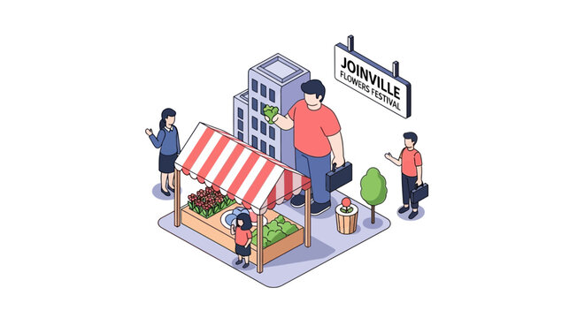 Isometric illustration of a farmers market in Joinville, Brazil, with people shopping.