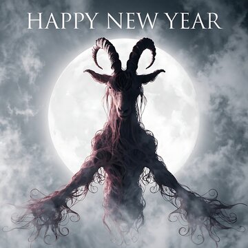 Scary goat creature emerging from smoke against full moon for happy new year with digital art character design horned animal glowing eyes dark fantasy creature halloween supernatural
