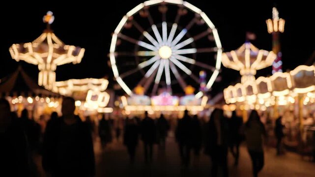 People walking in an amusement park at night. Ferris wheel and fairground illuminates at the carnival. Group of man and woman enjoying evening leisure activity.