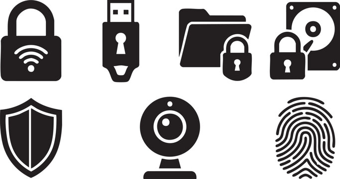Cybersecurity, Data Protection and Digital Privacy Silhouette Icon Set Vector Illustration