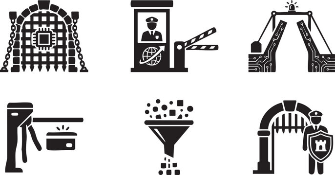 Secure Access Gateways and Network Traffic Filtering Symbols Zero Trust Architecture ZTA Solid Black Vector Silhouette Icon Set