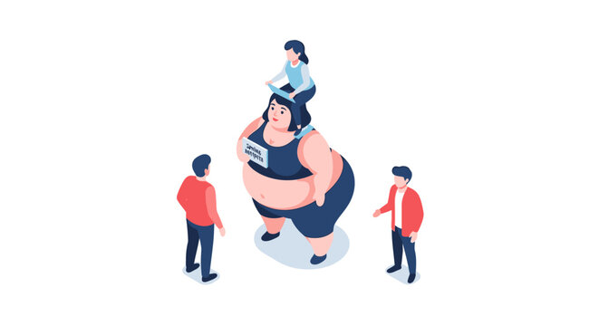 Isometric illustration of a plus-size woman with people around her.