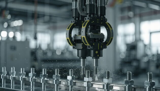 Medium shot of a suspended networked torque tool automatically adjusting torque on industrial fasteners in a hightech manufacturing line.
