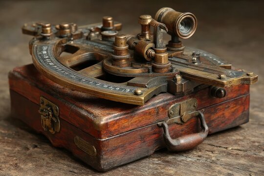 Vintage brass sextant in wooden case, nautical navigation tool