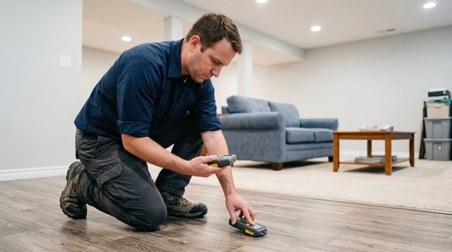 Inspector in a finished basement checking floor moisture with a handheld device main subject sharp against softly blurred furniture and walls.