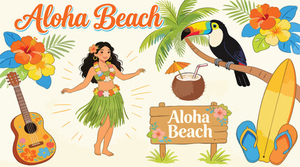 Aloha Beach Tropical Vector Set with Hula Dancer Toucan Hibiscus and Ukulele © MAUNG