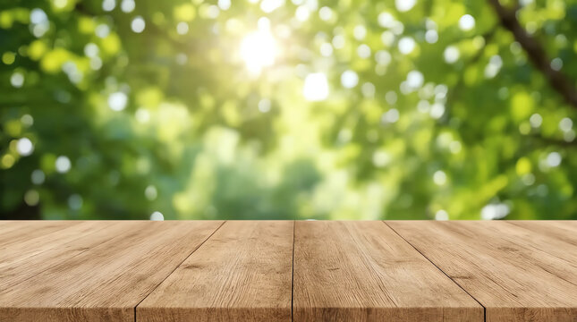 Wooden table and blurred green nature garden background 