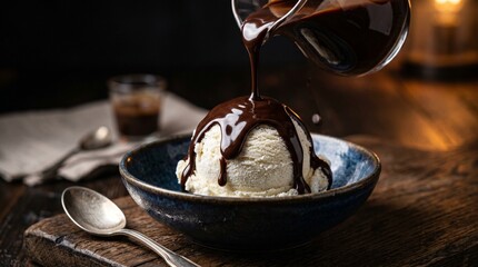 Fototapeta premium Chocolate Sauce Pouring Over Vanilla Ice Cream Dessert Closeup