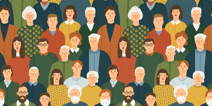 Diverse people crowd art seamless pattern. Multi-ethnic community, big cultural diversity group, family relative connection concept background illustration.