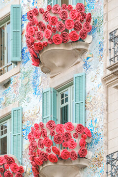 Casa Batllo Balconies Decorated with Red Roses for Saint George, Barcelona