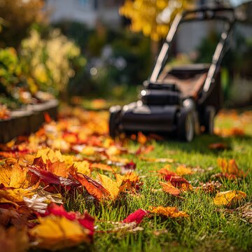 Vivid autumn foliage on lush grass with blurred lawnmower in sunlit backyard for fall cleanup